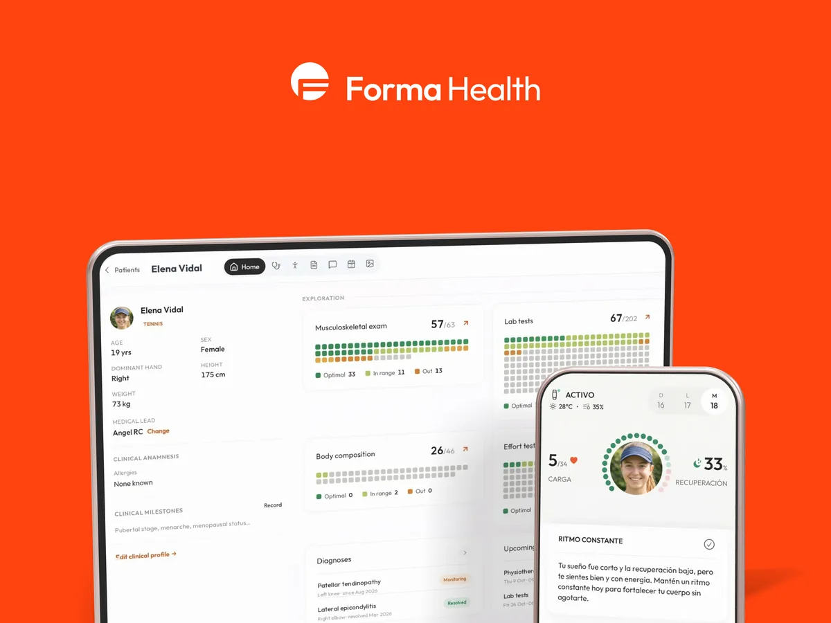 La marca Forma Health y, debajo, el panel en el iPad y la app en el iPhone, sobre el naranja de Forma