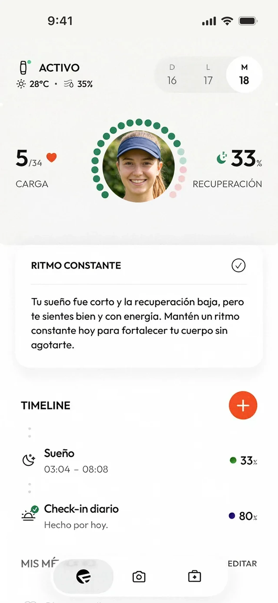 App de Forma · inicio: carga, recuperación y línea del día