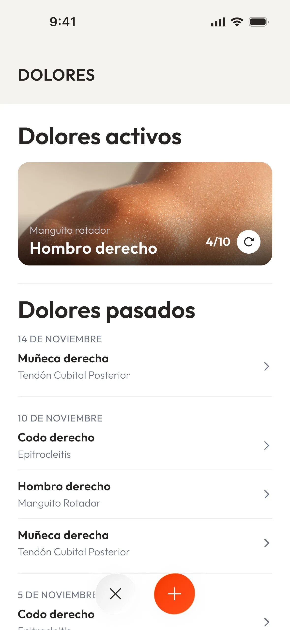 App de Forma · zona médica: dolores activos y pasados